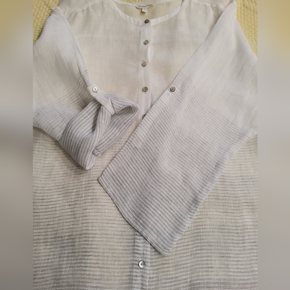 Eileen Fisher Linen White Silver Striped Button-Up Blouse Size 2X - Picture 8 of 12